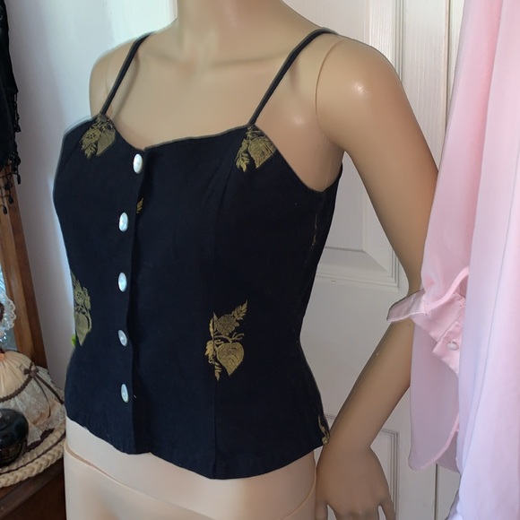 Vintage 90s black gold mother of pearl button cami tank top S - Picture 6 of 11